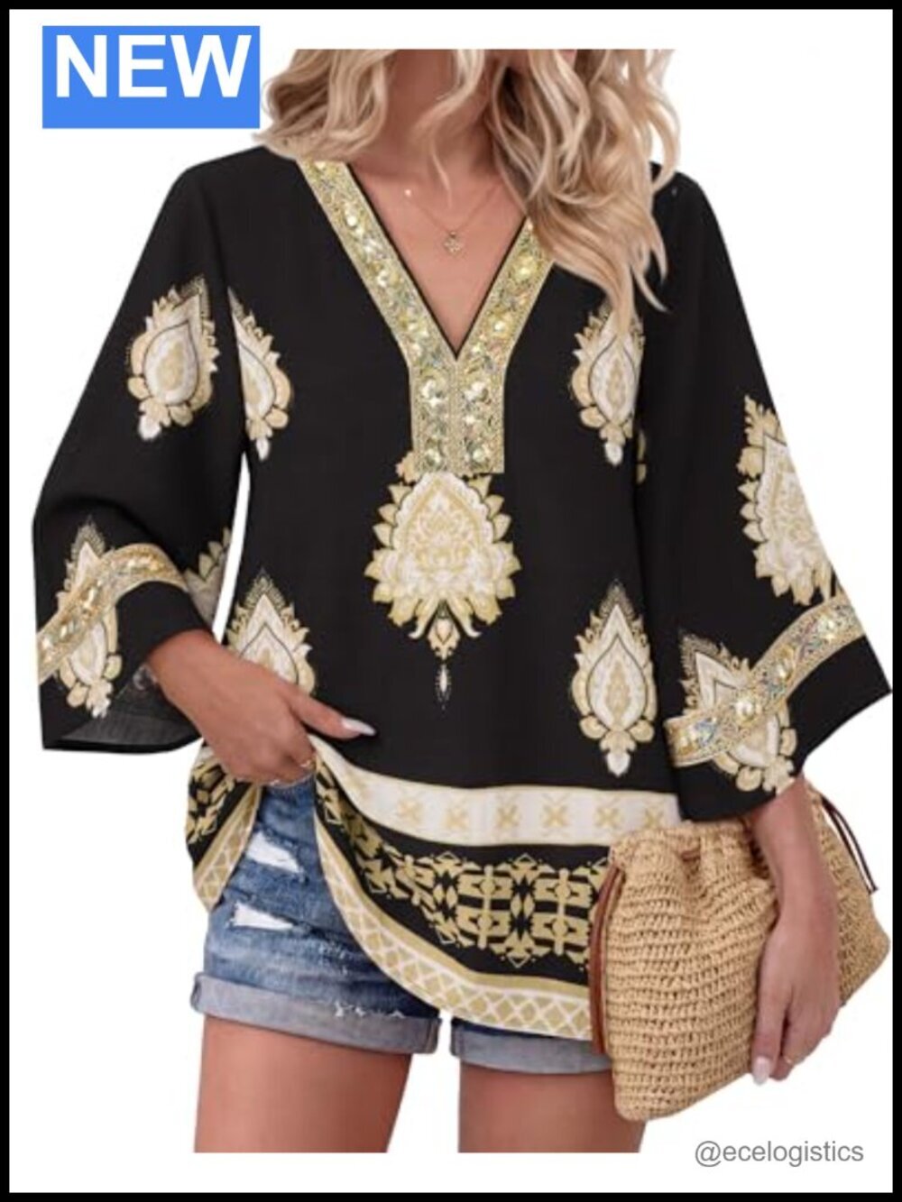 Embroidered V Neck Boho Tunic Top 3/4 Bell Sleeve Casual Tunic Blouse